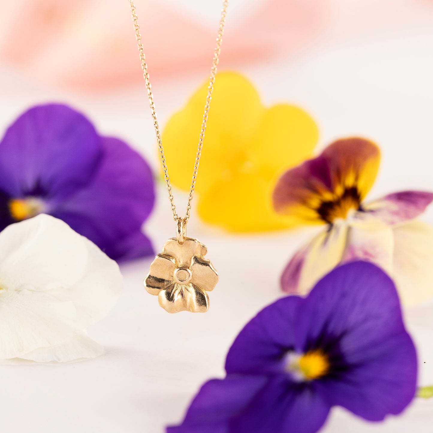 50th Anniversary Gift - Violet Flower Necklace - 9kt Gold