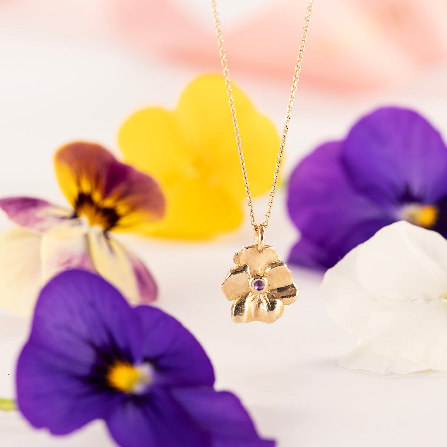 February Birth Flower & Birthstone Necklace - Violet & Amethyst - 9kt Gold