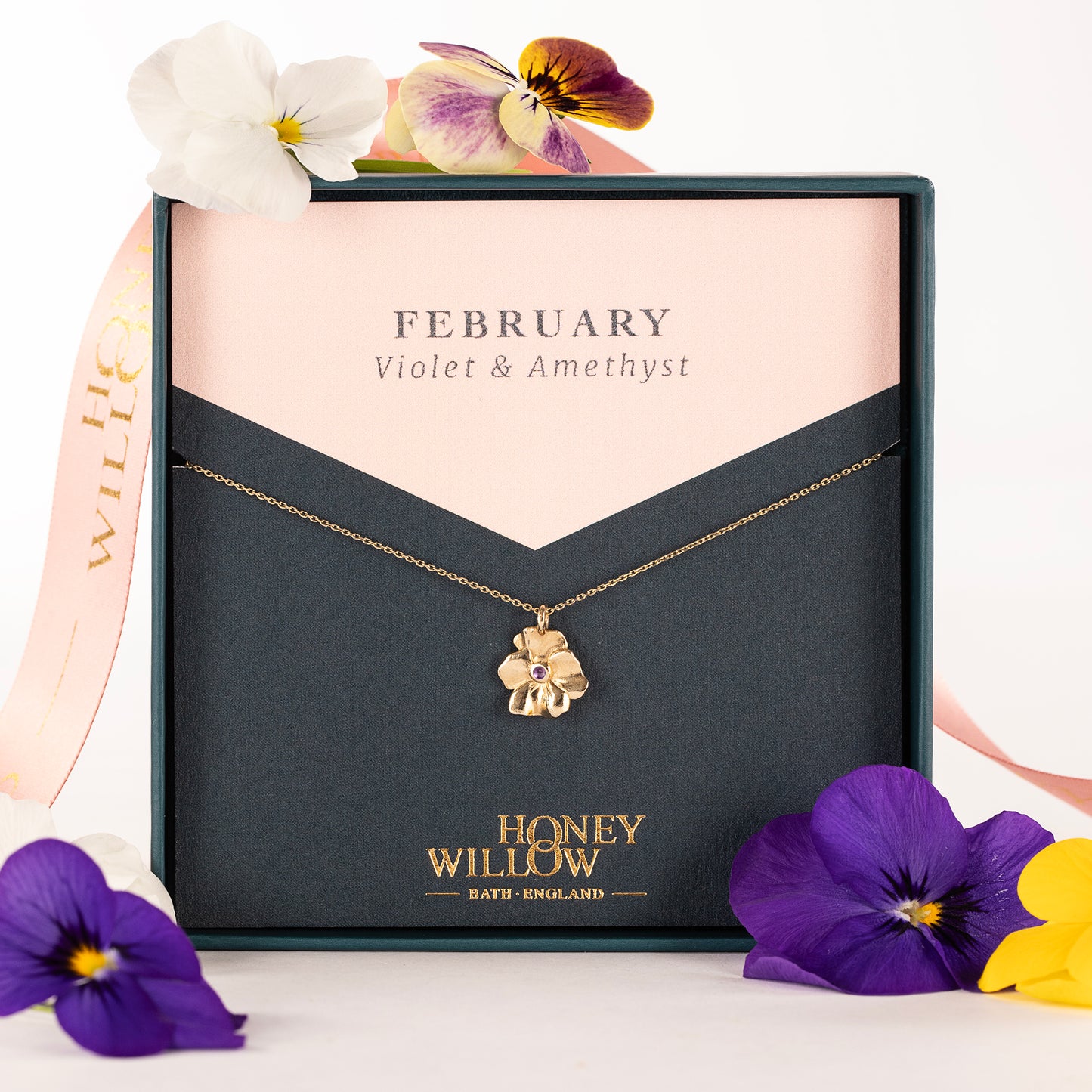February Birth Flower & Birthstone Necklace - Violet & Amethyst - 9kt Gold