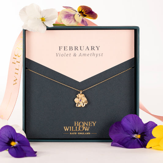 February Birth Flower & Birthstone Necklace - Violet & Amethyst - 9kt Gold