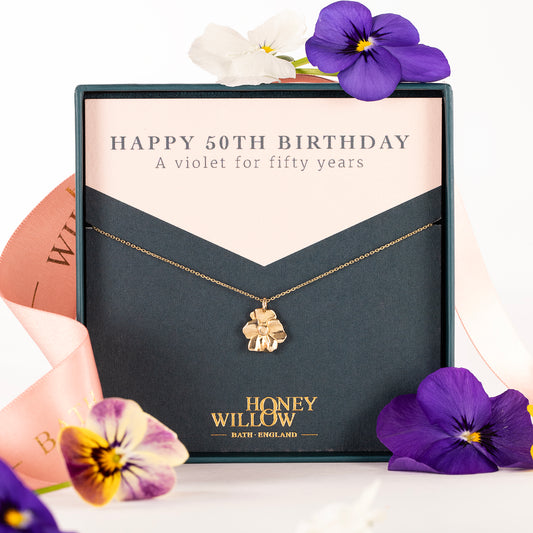 50th Birthday Gift - Violet Flower Necklace - 9kt Gold