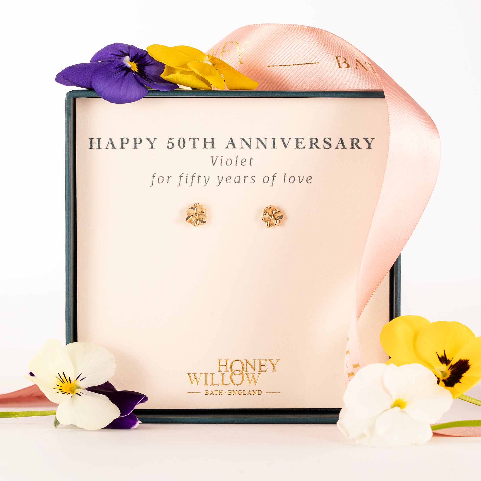 50th Anniversary Gift - Violet Flower Stud Earrings - 9kt Gold