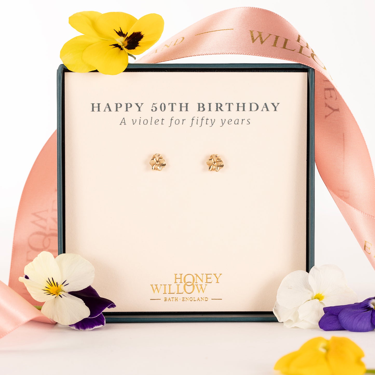 50th Birthday Gift - Violet Flower Stud Earrings - 9kt Gold