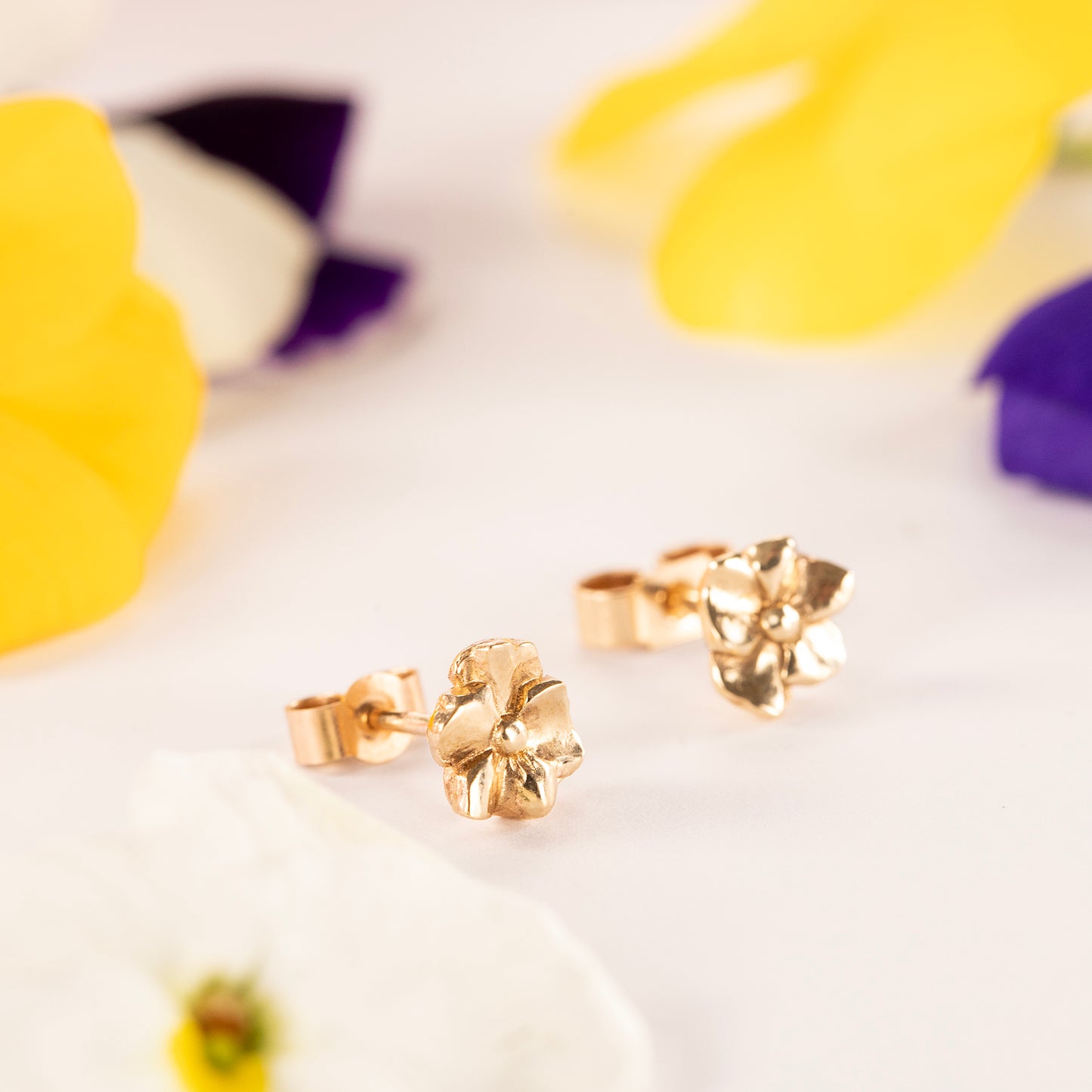 50th Birthday Gift - Violet Flower Stud Earrings - 9kt Gold
