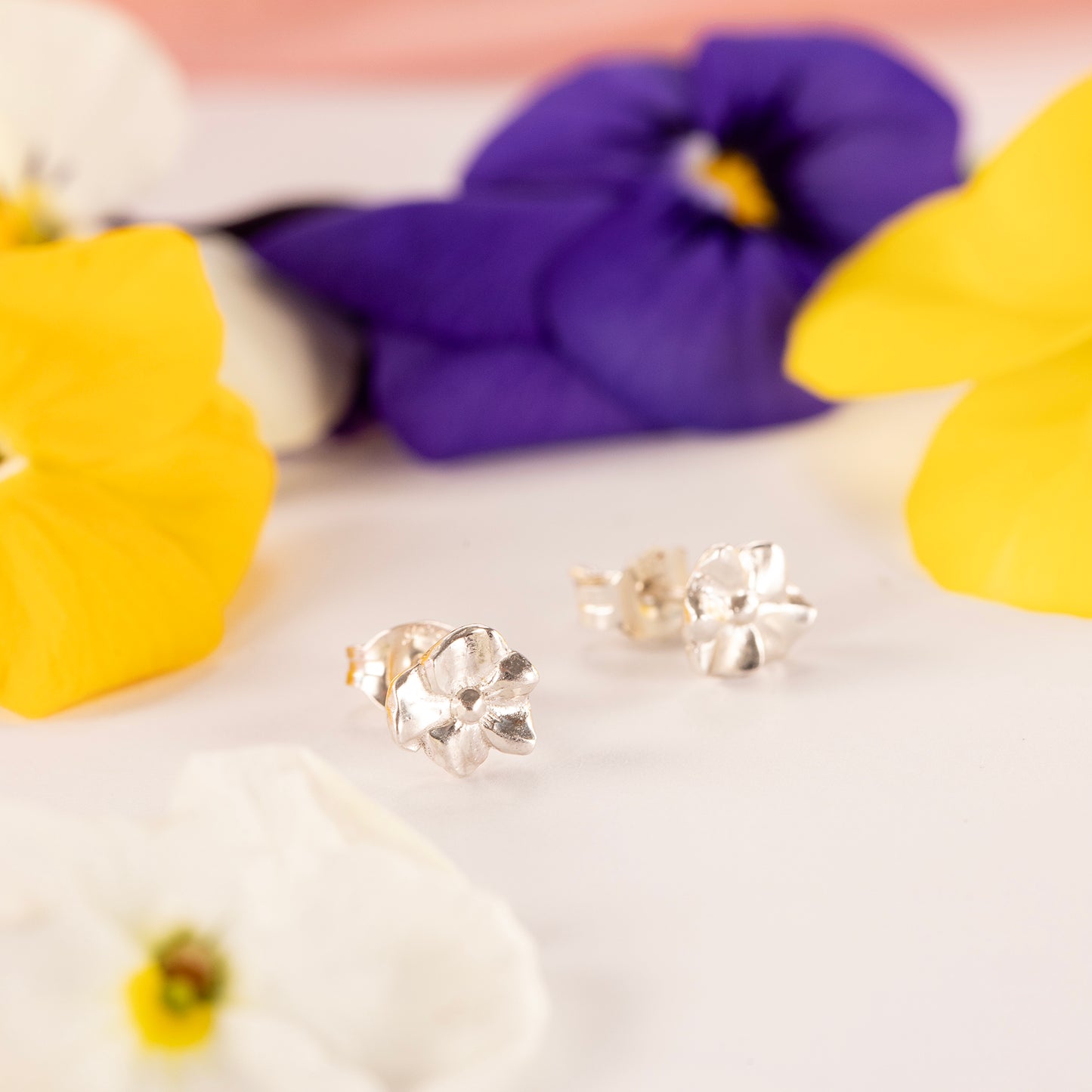 50th Birthday Gift - Violet Flower Stud Earrings - Silver