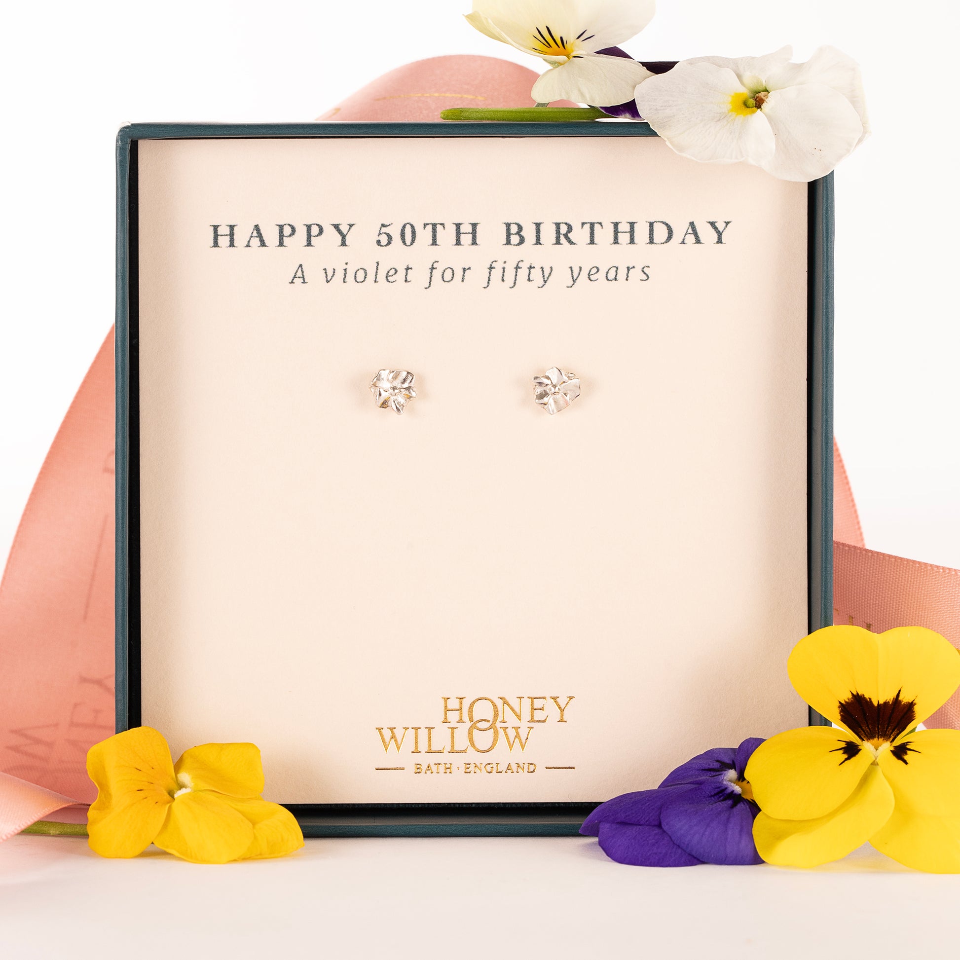 50th Birthday Gift - Violet Flower Stud Earrings - Silver