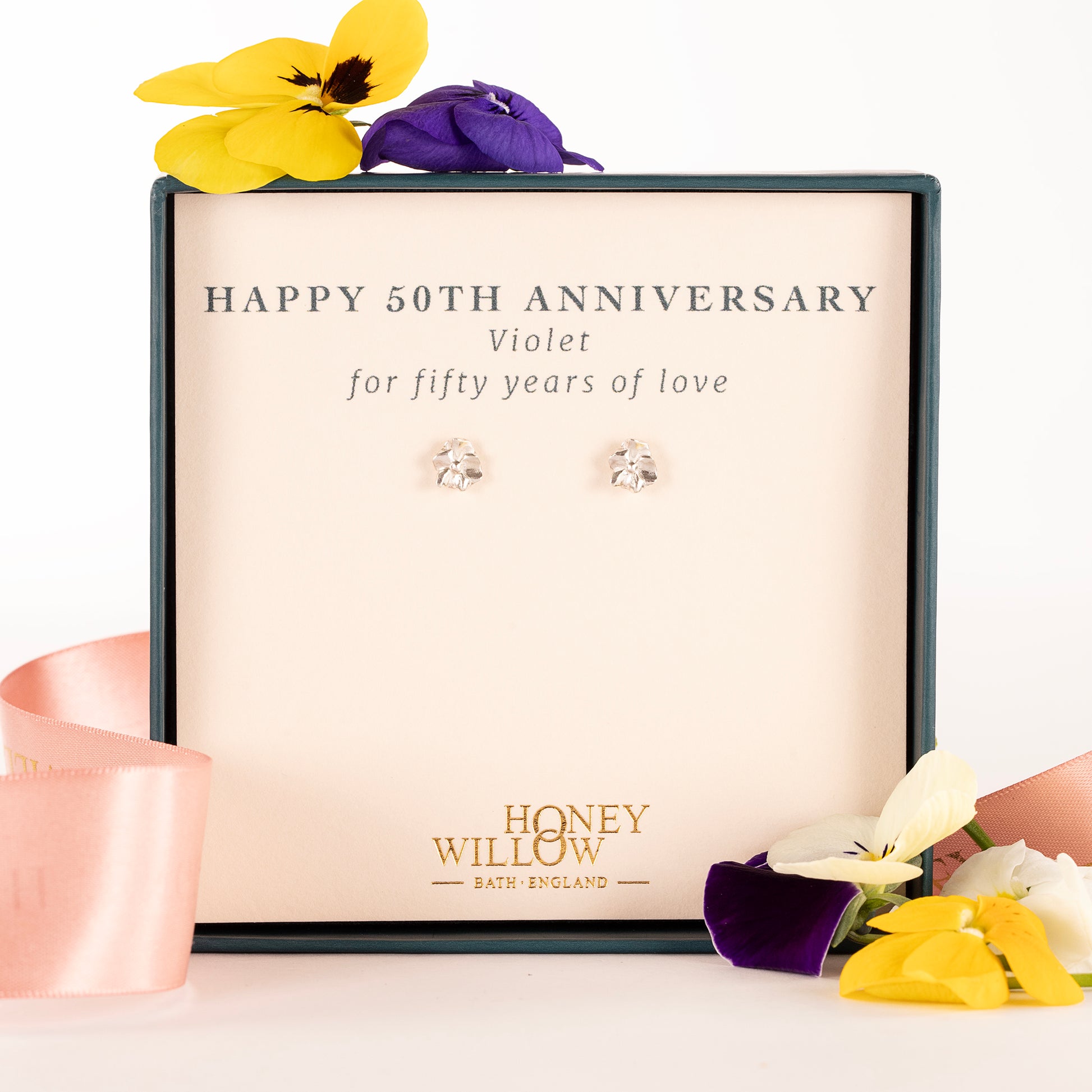 50th Anniversary Gift - Violet Flower Stud Earrings - Silver