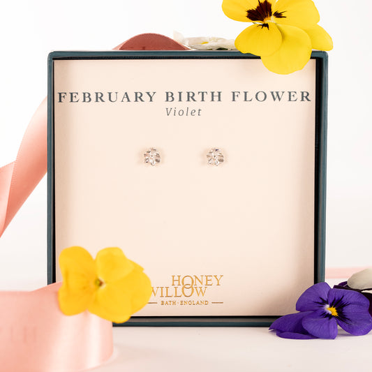 February Birth Flower - Violet Stud Earrings - Silver