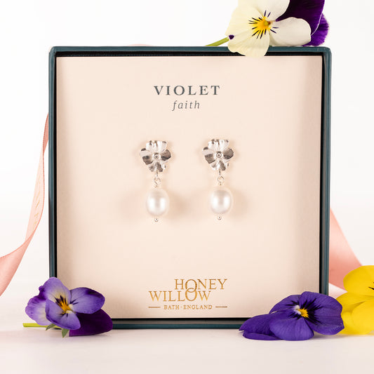 Violet Flower Earrings - Faith - Silver & Pearl