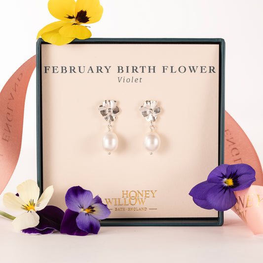 February Birth Flower Earrings - Violet - Silver & Pearl