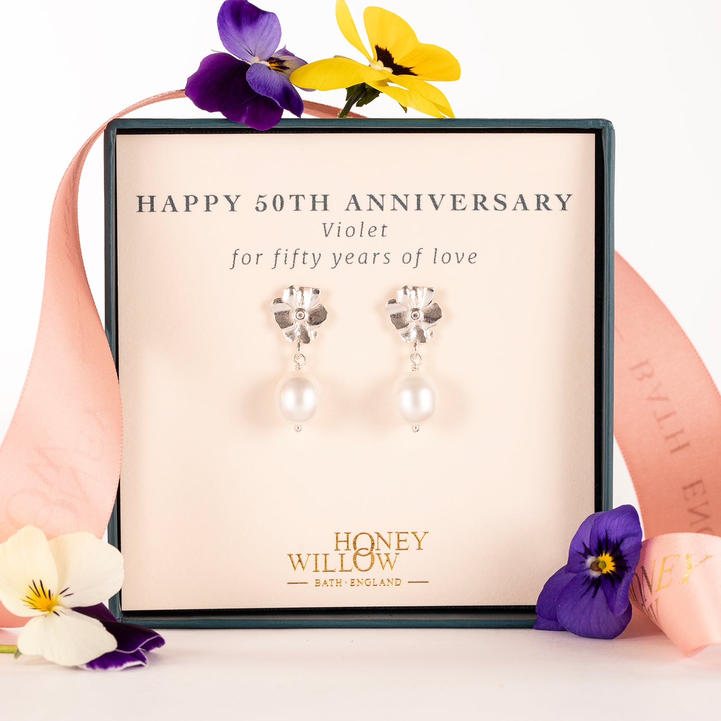 50th Anniversary Gift - Violet Flower Earrings - Silver & Pearl