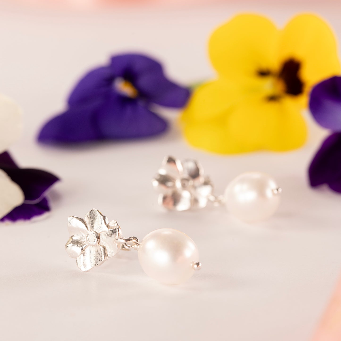 50th Anniversary Gift - Violet Flower Earrings - Silver & Pearl