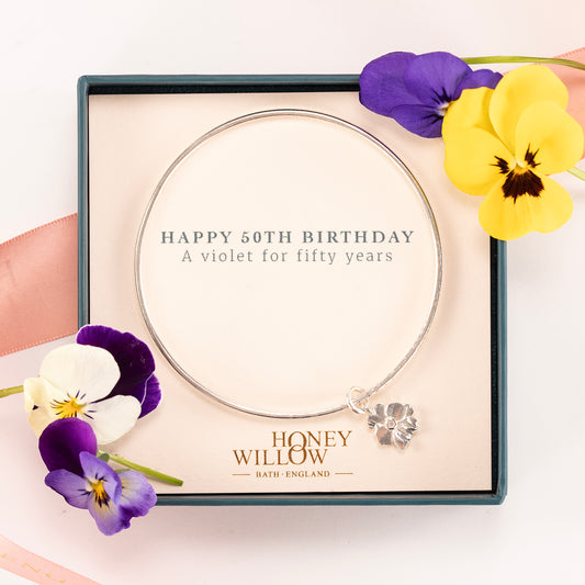 50th Birthday Gift - Personalised Violet Flower Bangle - Silver