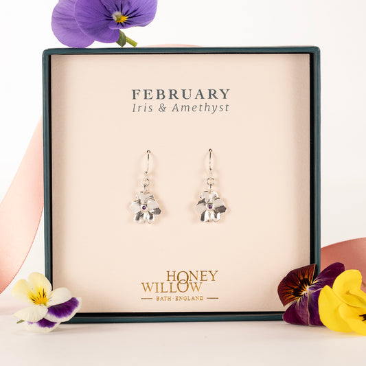 February Birth Flower & Birthstone Earrings - Violet & Amethyst - Silver