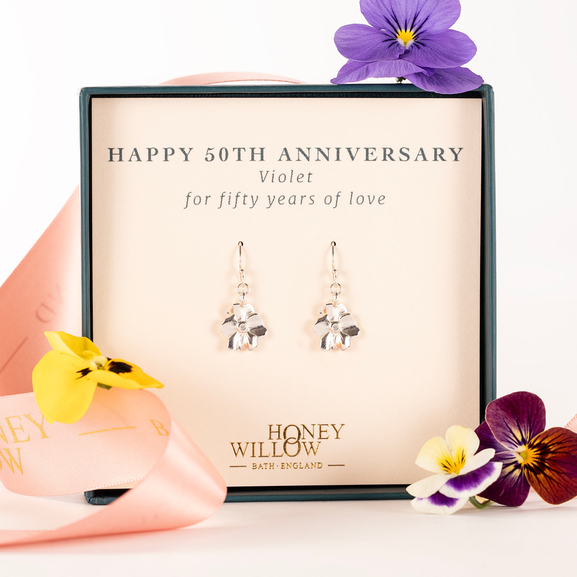 50th Anniversary Gift - Violet Flower Earrings - Silver