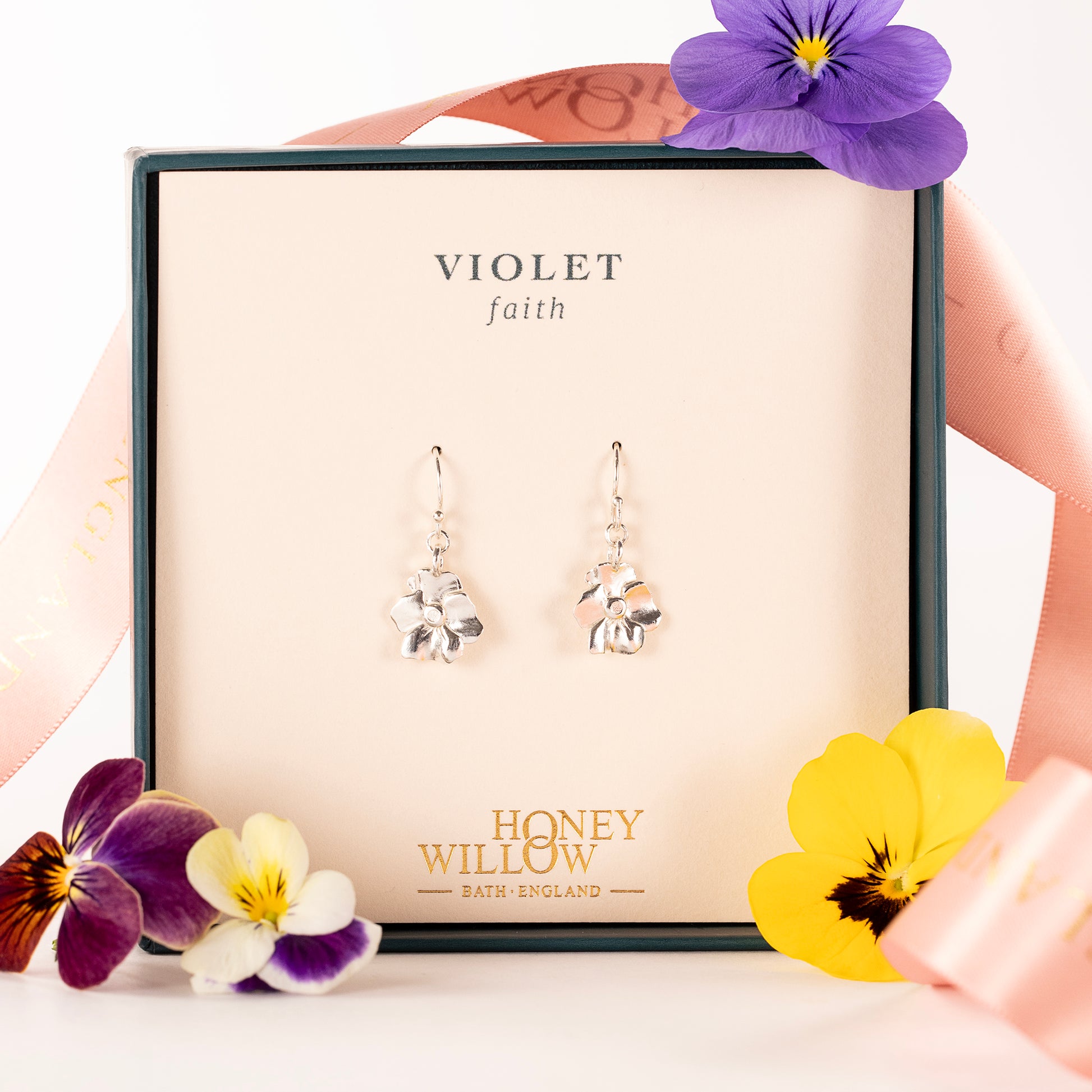 Violet Flower Earrings - Faith - Silver
