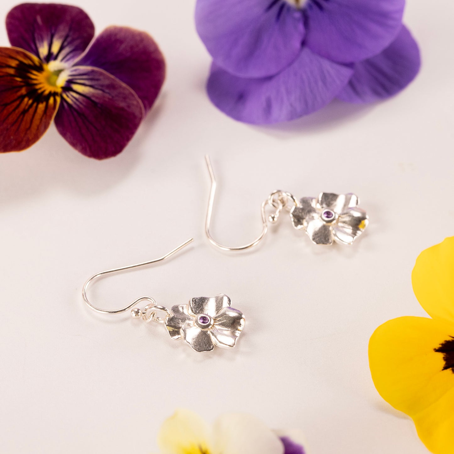 February Birth Flower & Birthstone Earrings - Violet & Amethyst - Silver