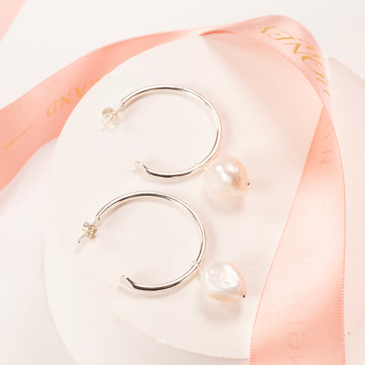 Small Silver Hoop Earrings with Pearls - 3cm