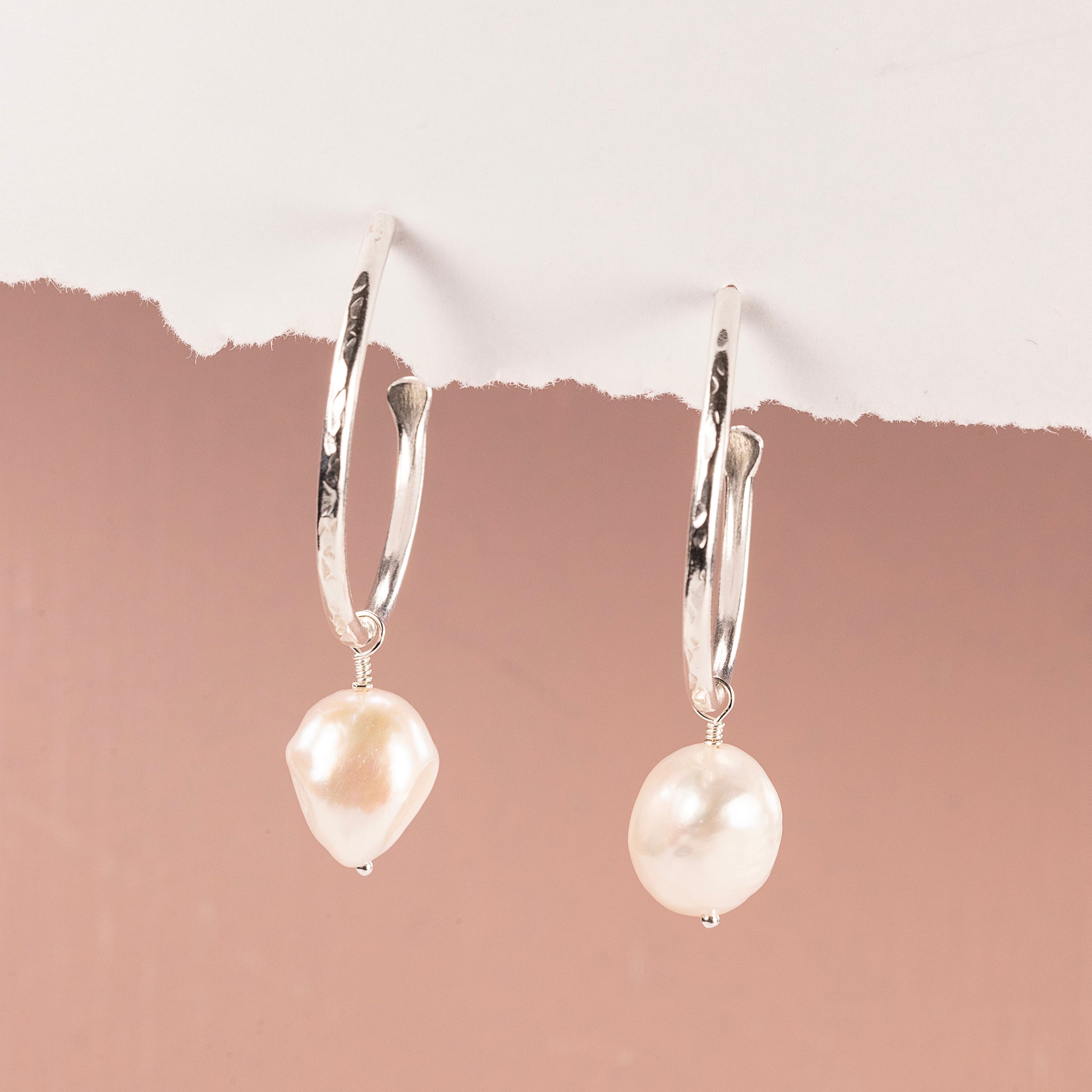 Small Silver Hoop Earrings with Pearls - 3cm