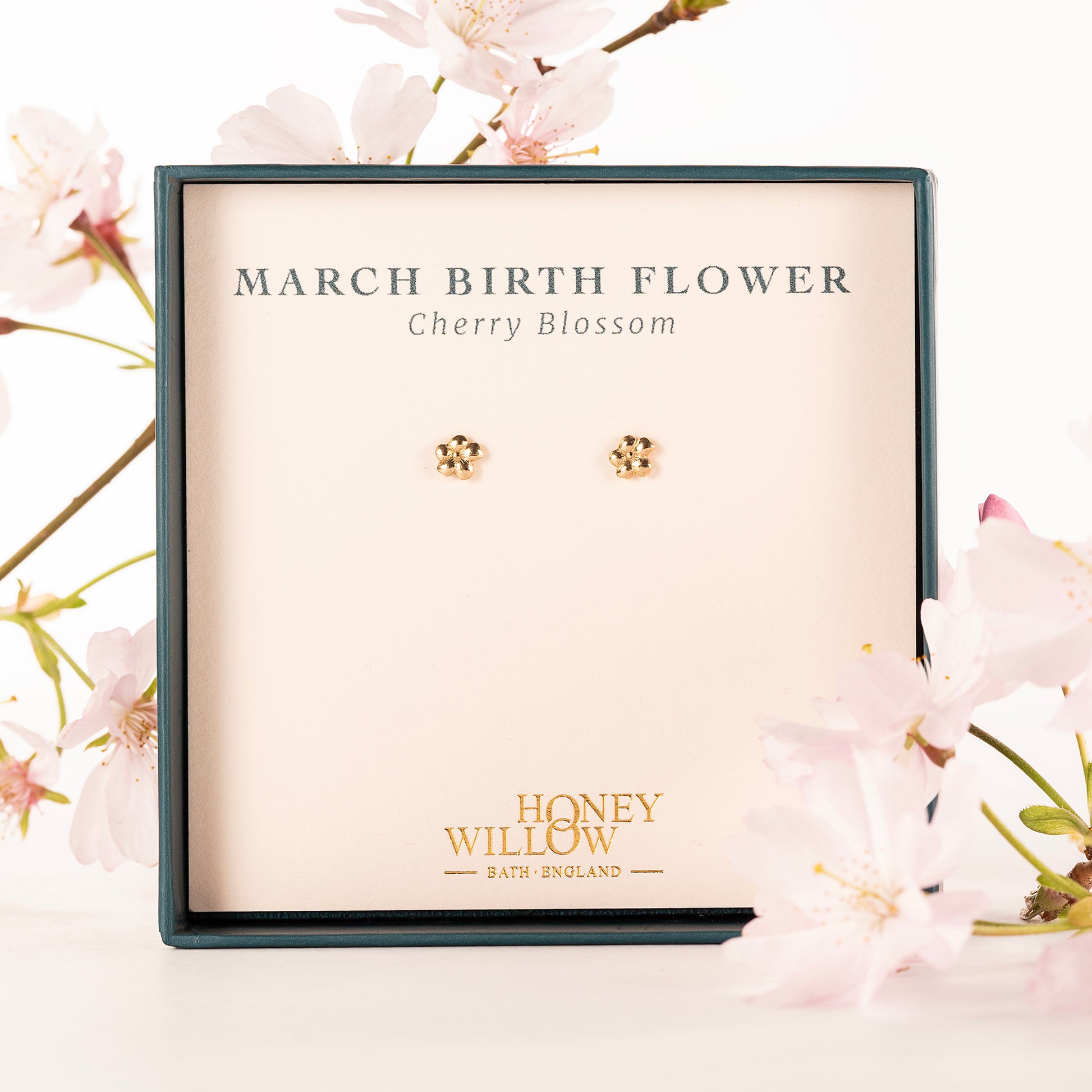March Birth Flower Earrings - Cherry Blossom Studs - 9kt Gold