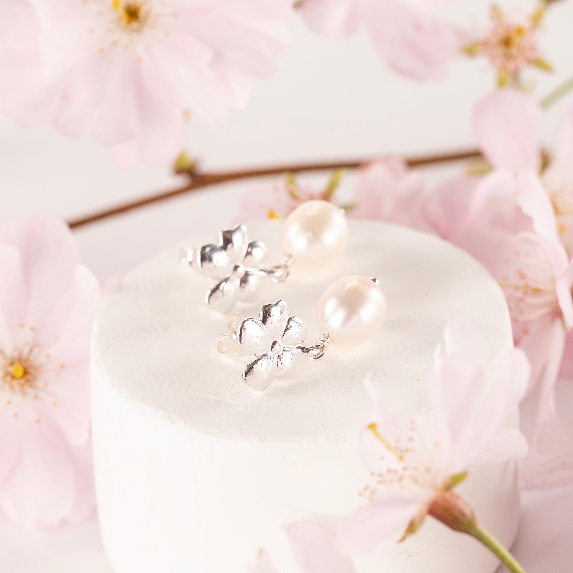 Cherry Blossom Flower Earrings - Luck - Silver & Pearl