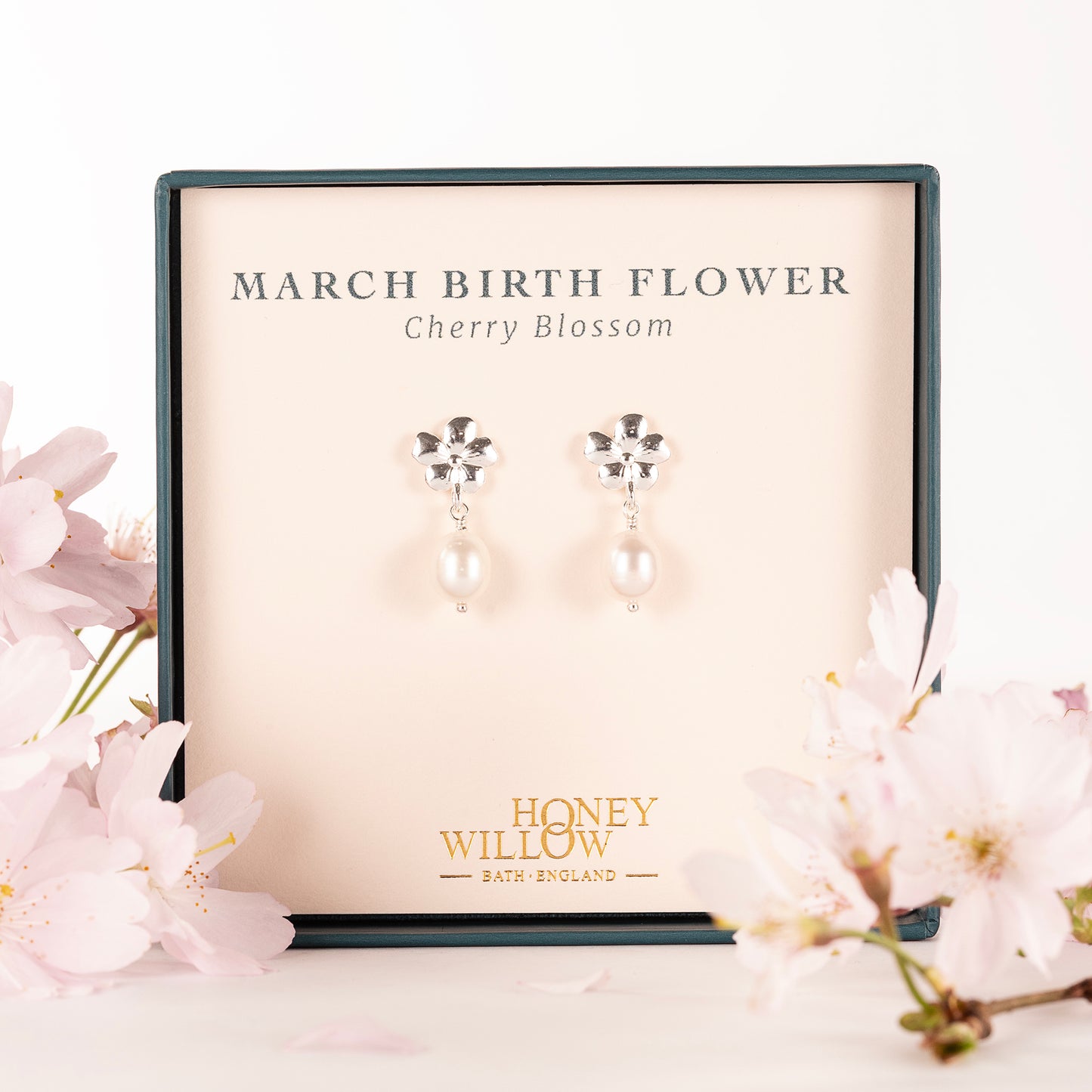March Birth Flower Earrings - Cherry Blossom - Silver & Pearl
