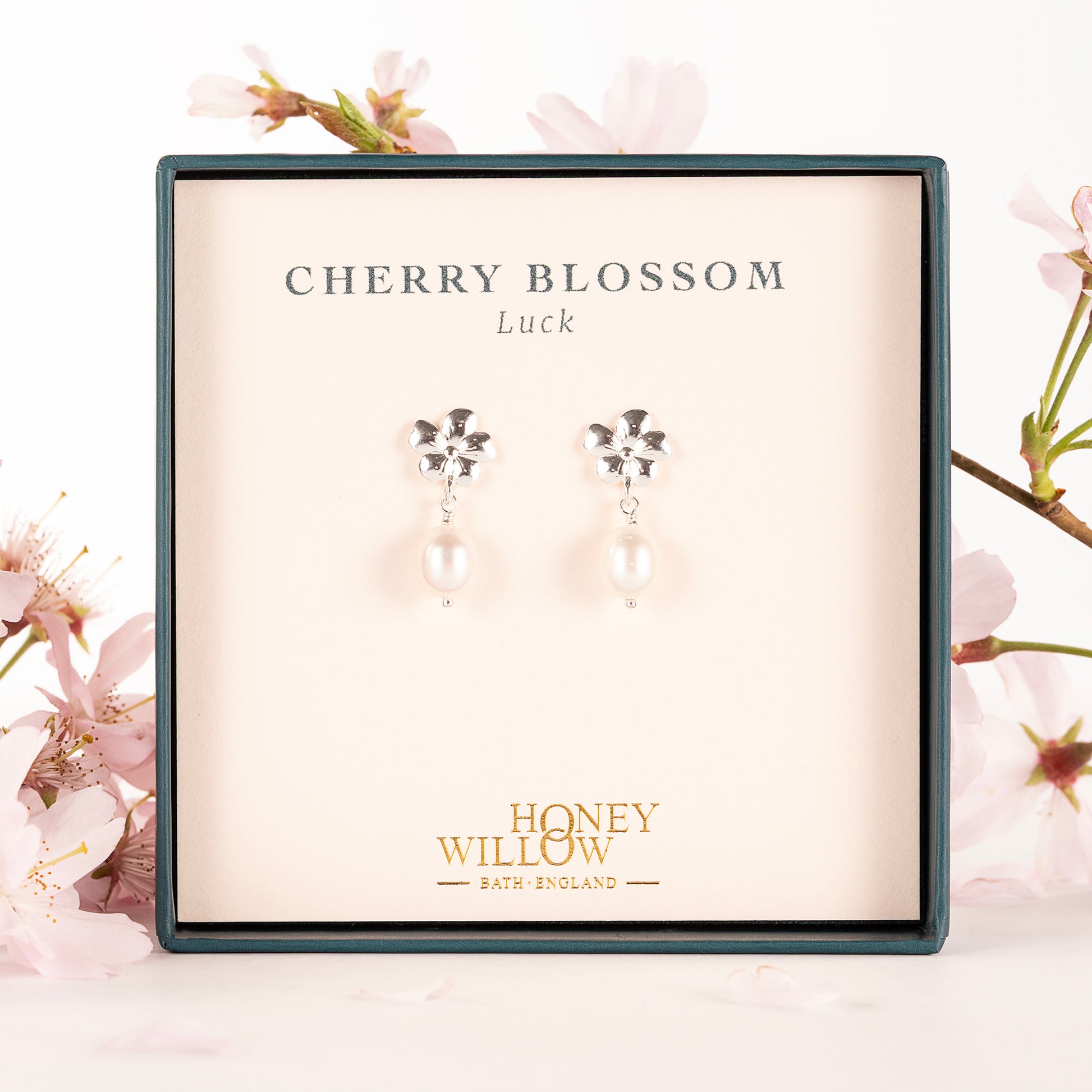 Cherry Blossom Flower Earrings - Luck - Silver & Pearl