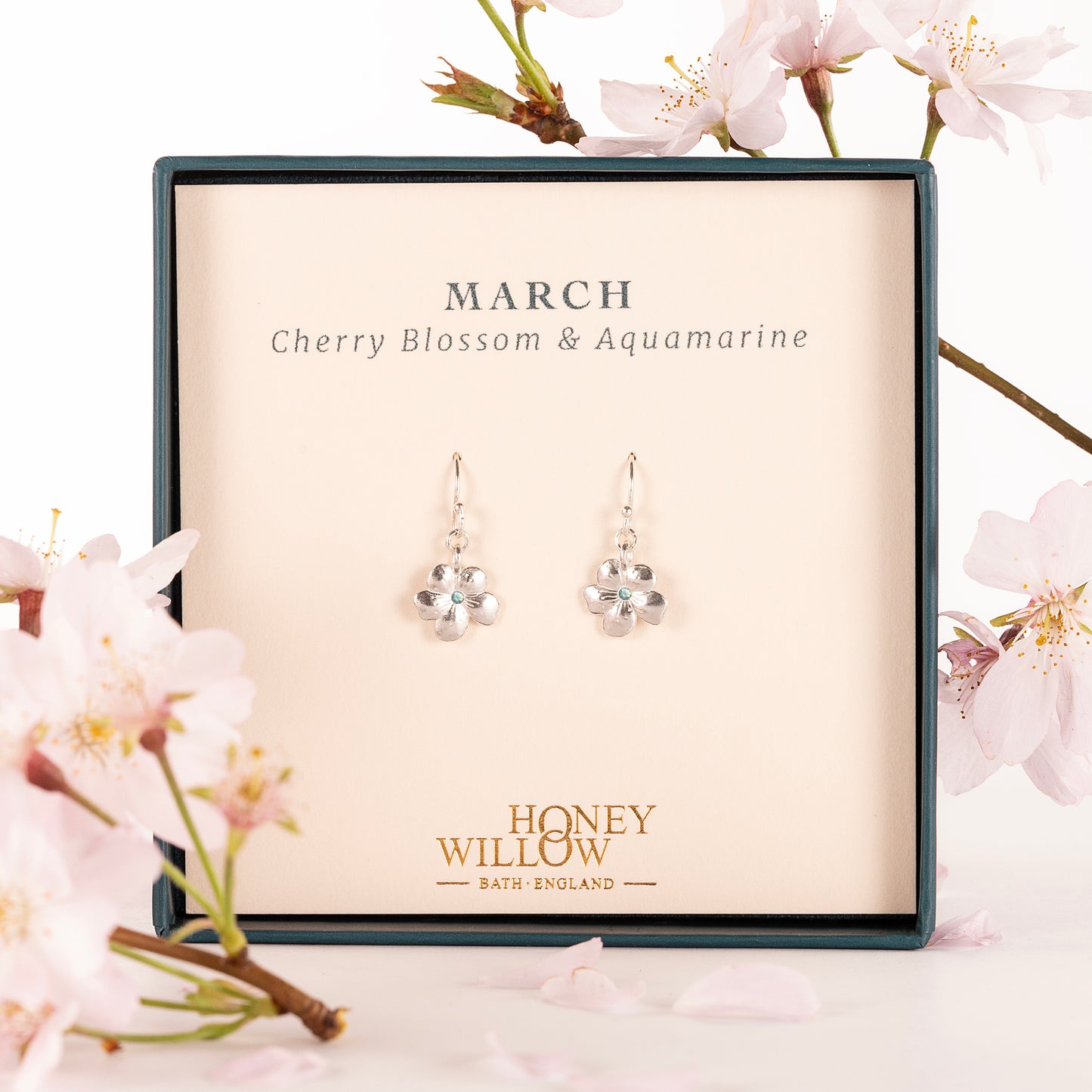 March Birth Flower & Birthstone Earrings - Cherry Blossom & Aquamarine - Silver