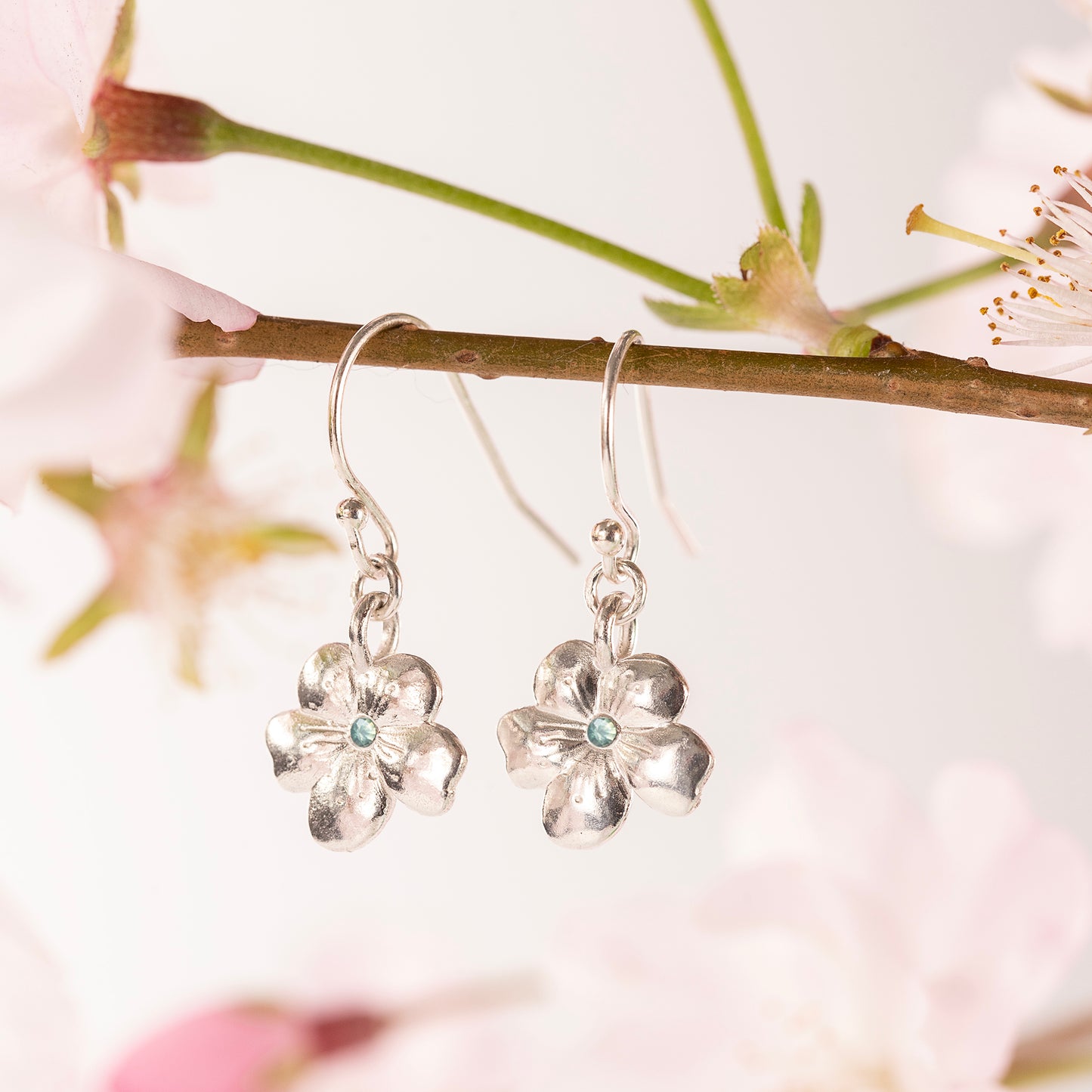 March Birth Flower & Birthstone Earrings - Cherry Blossom & Aquamarine - Silver
