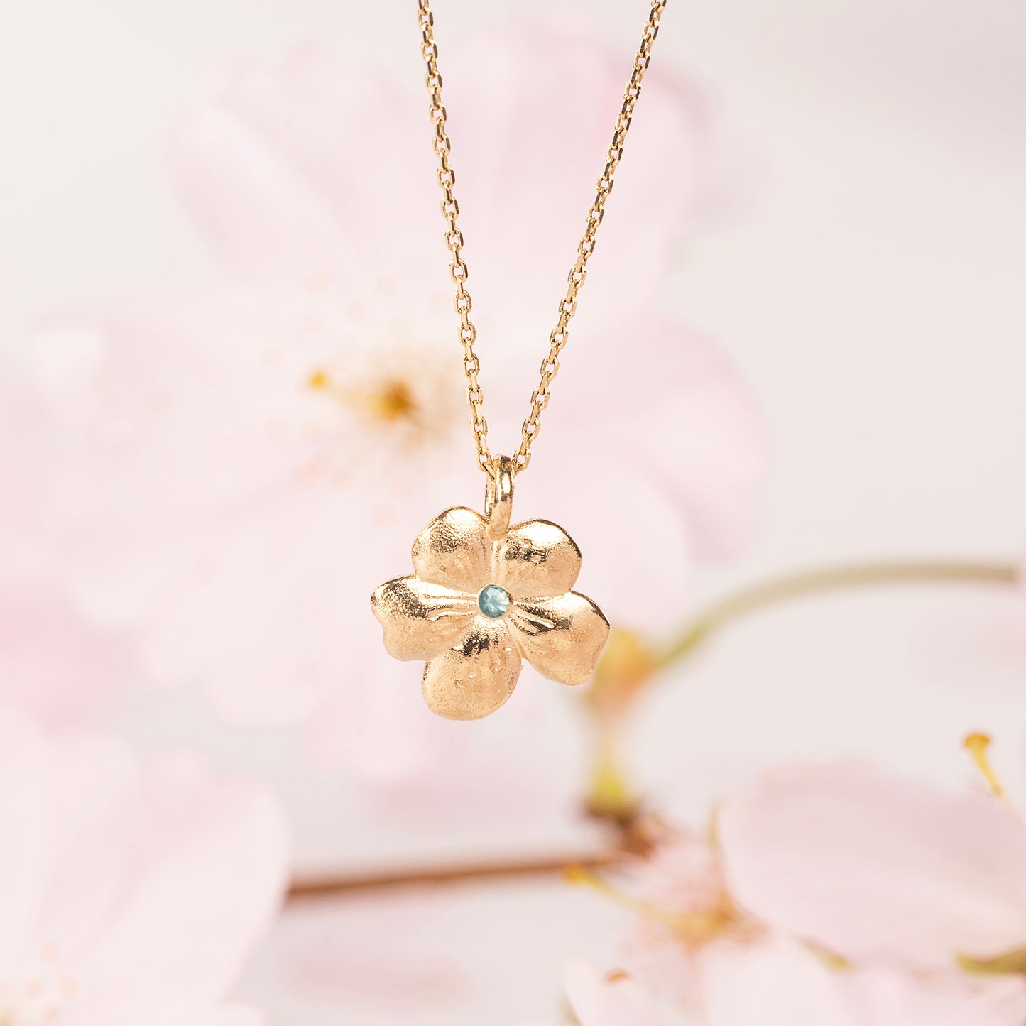 March Birth Flower & Birthstone Necklace - Cherry Blossom & Aquamarine - 9kt Gold
