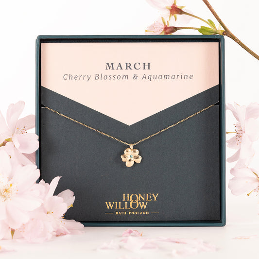 March Birth Flower & Birthstone Necklace - Cherry Blossom & Aquamarine - 9kt Gold