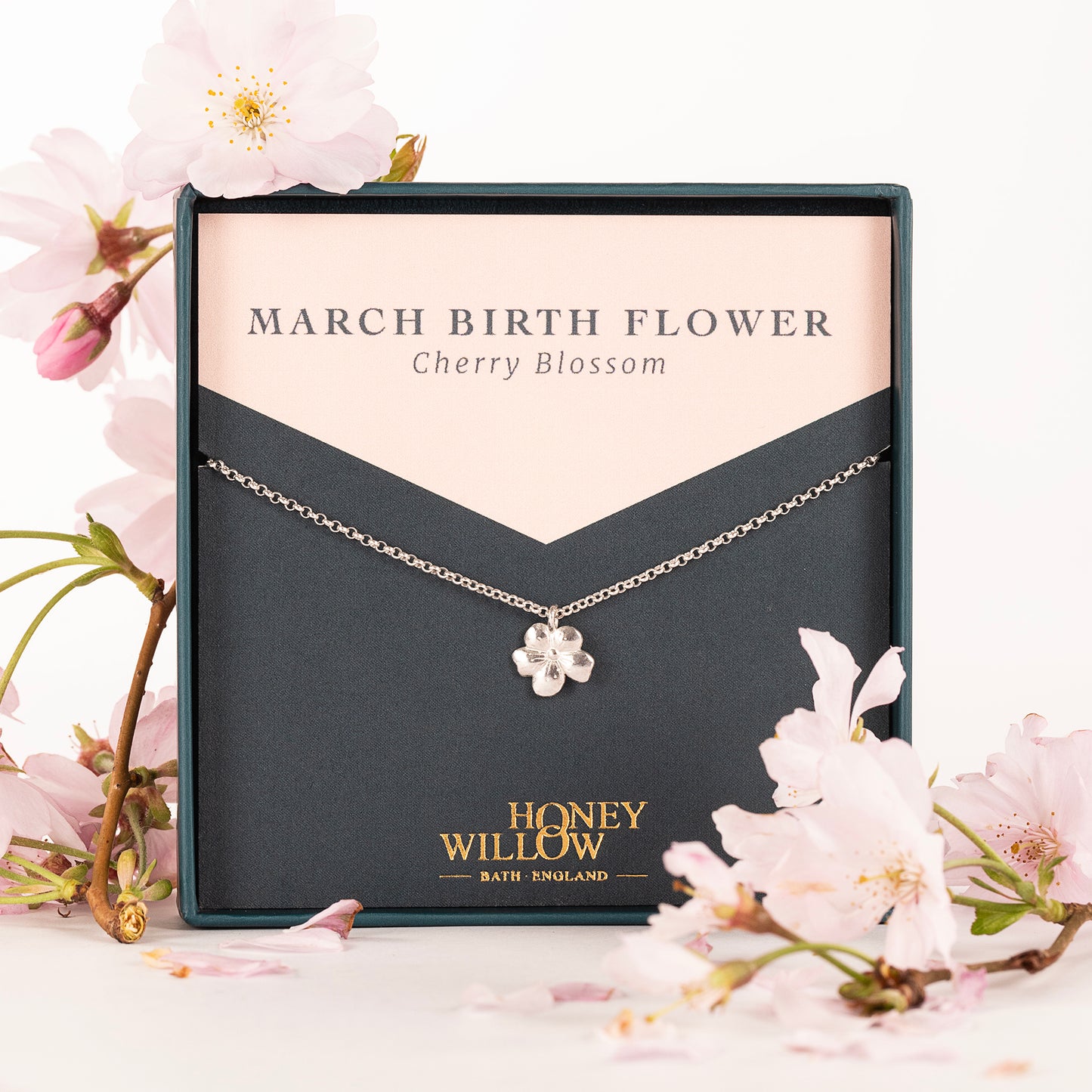 March Birth Flower Necklace - Cherry Blossom - Silver