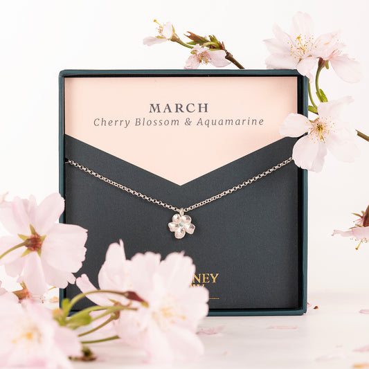 March Birth Flower & Birthstone Necklace - Cherry Blossom & Aquamarine - Silver