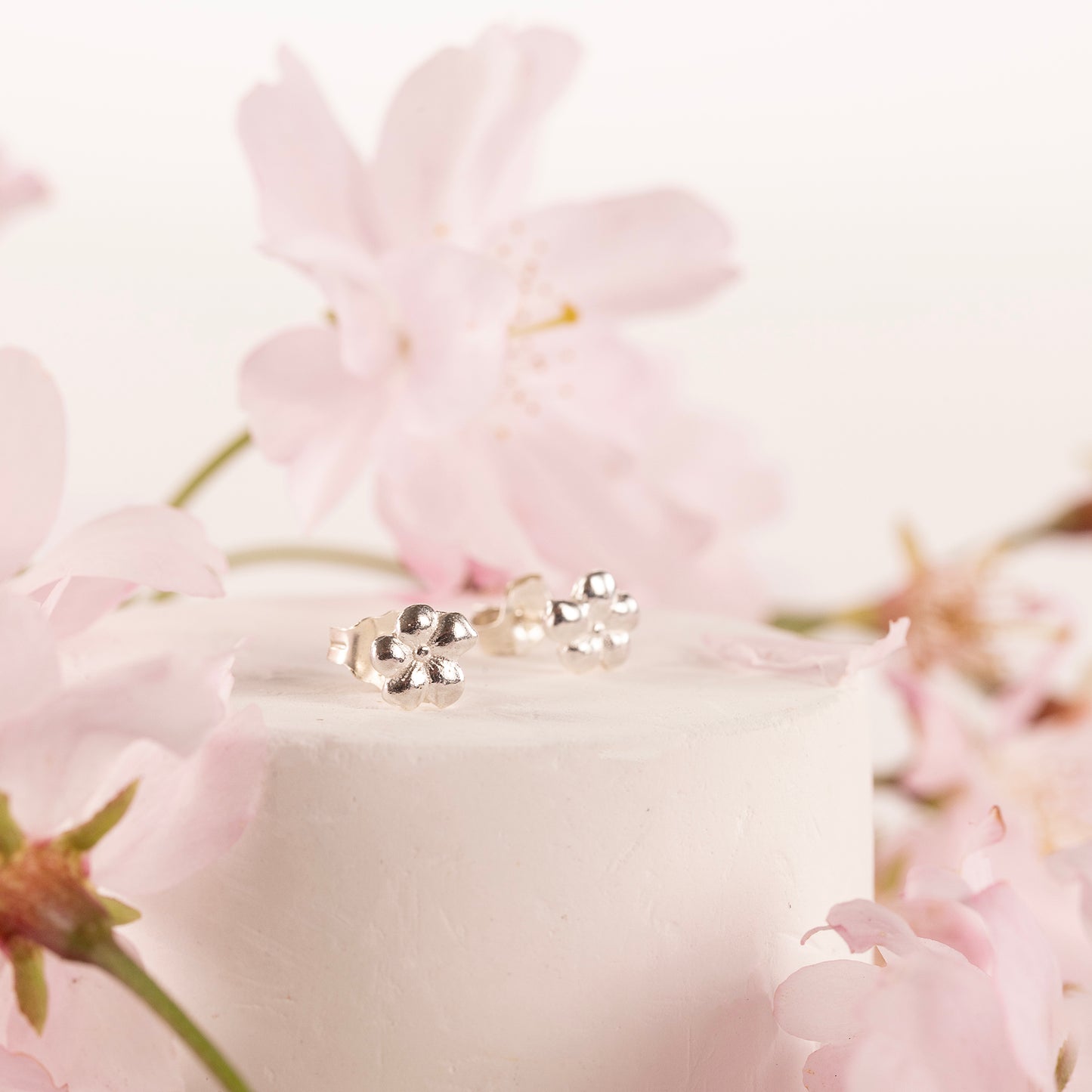 March Birth Flower Earrings - Cherry Blossom Studs - Silver
