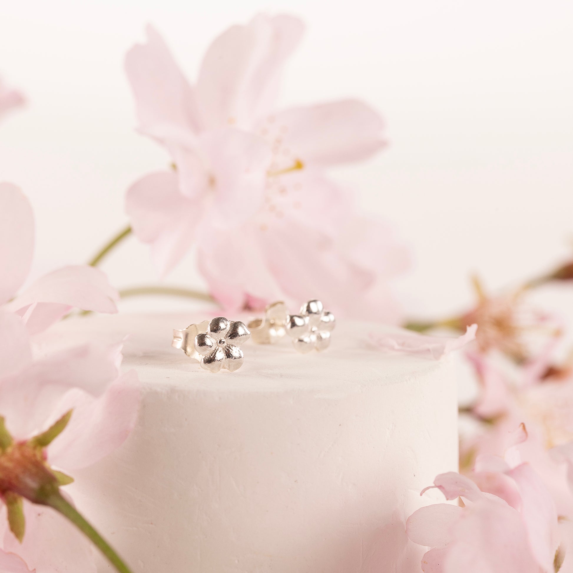 March Birth Flower Earrings - Cherry Blossom Studs - Silver