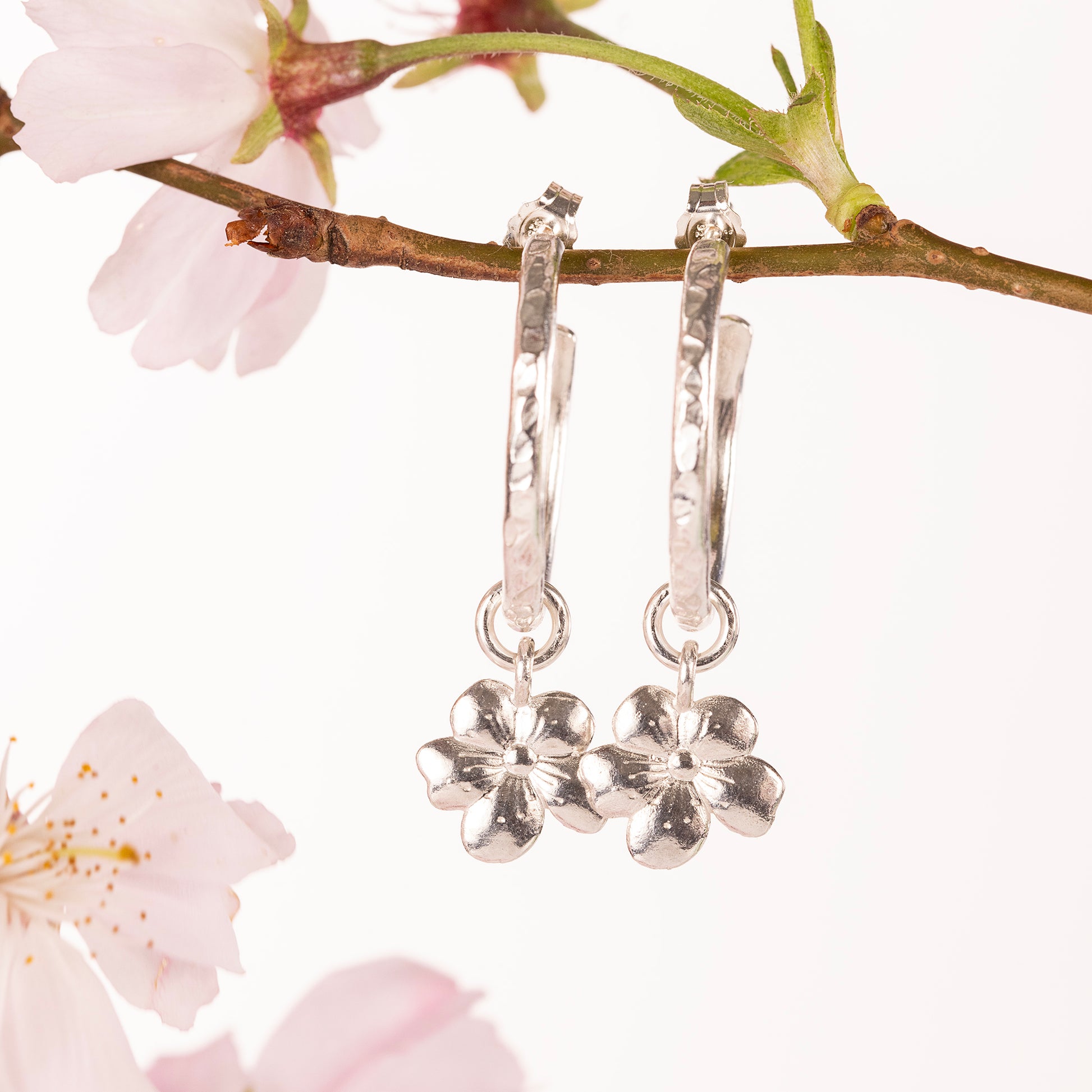 March Birth Flower Hoop Earrings - Cherry Blossom - Silver - 2cm