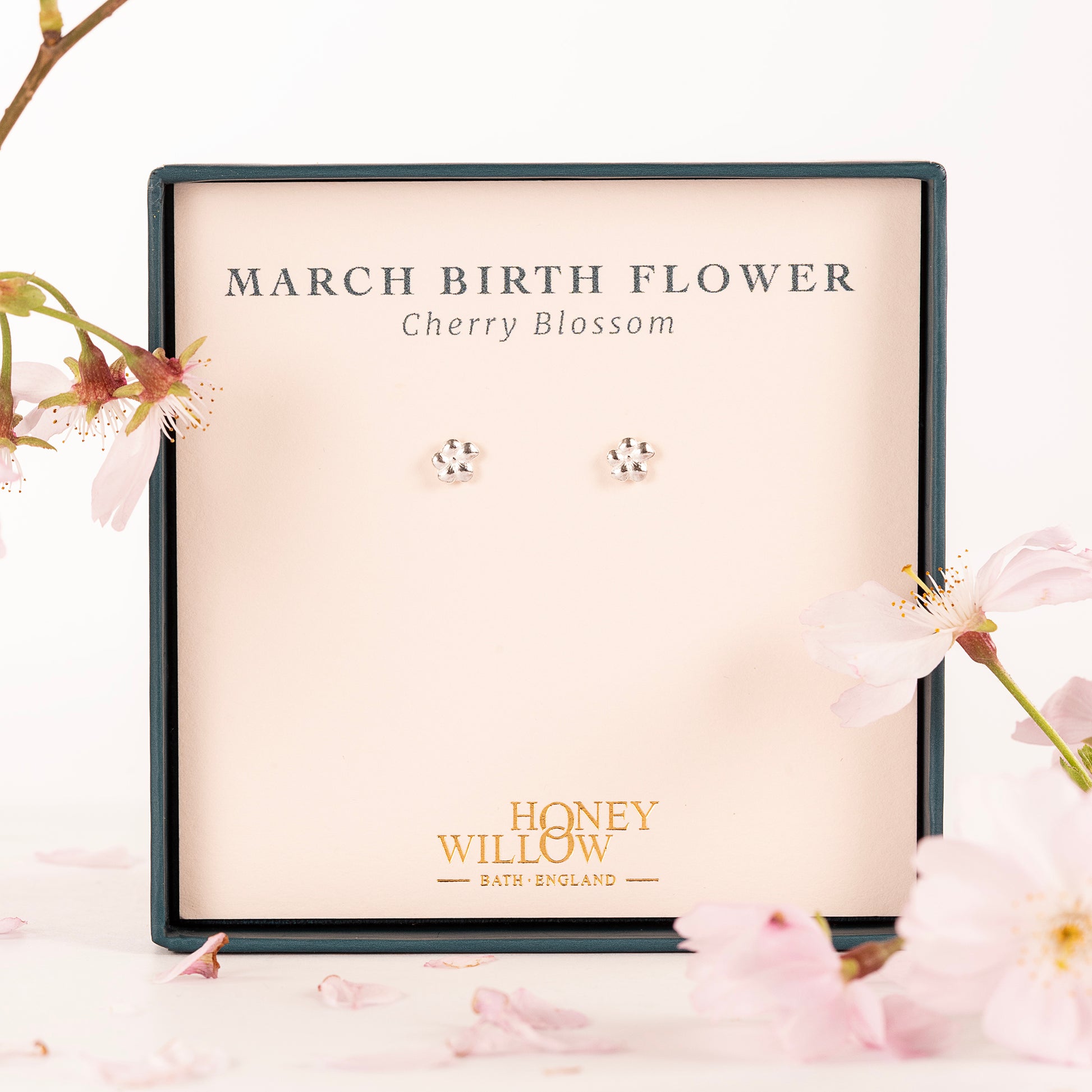 March Birth Flower Earrings - Cherry Blossom Studs - Silver