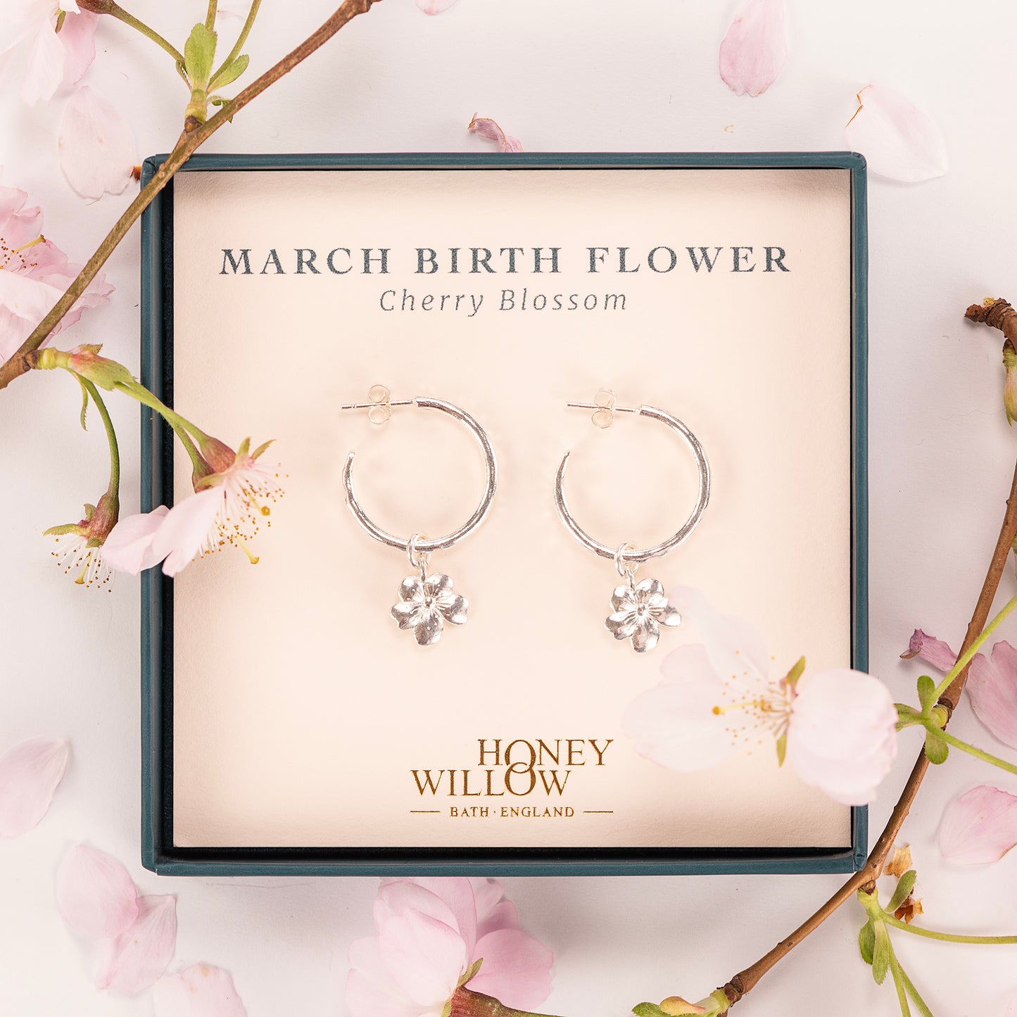 March Birth Flower Hoop Earrings - Cherry Blossom - Silver - 2cm