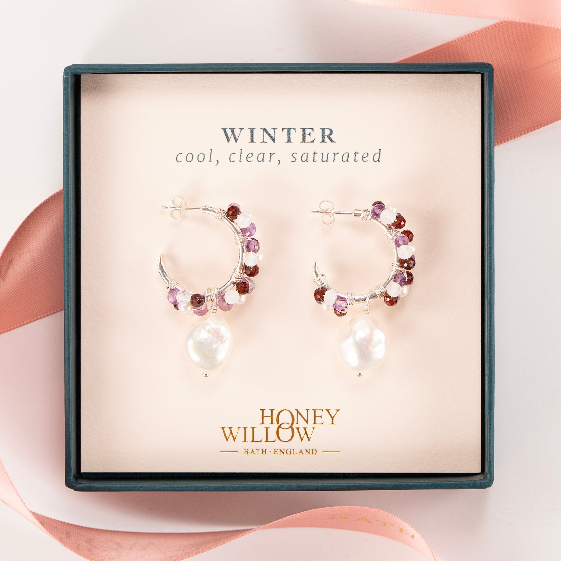 Winter Colour Palette Inspired Hoop Earrings - Gemstones Pearls Silver