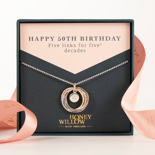 50th Birthday Birthstone Necklace - The Original 5 Links for 5 Decades - Star Set Silver & Gold