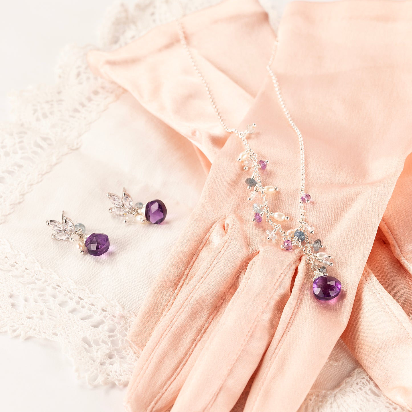 Amethyst & Pearl Necklace - Bridgerton Inspired - Sophie - Silver & Gold