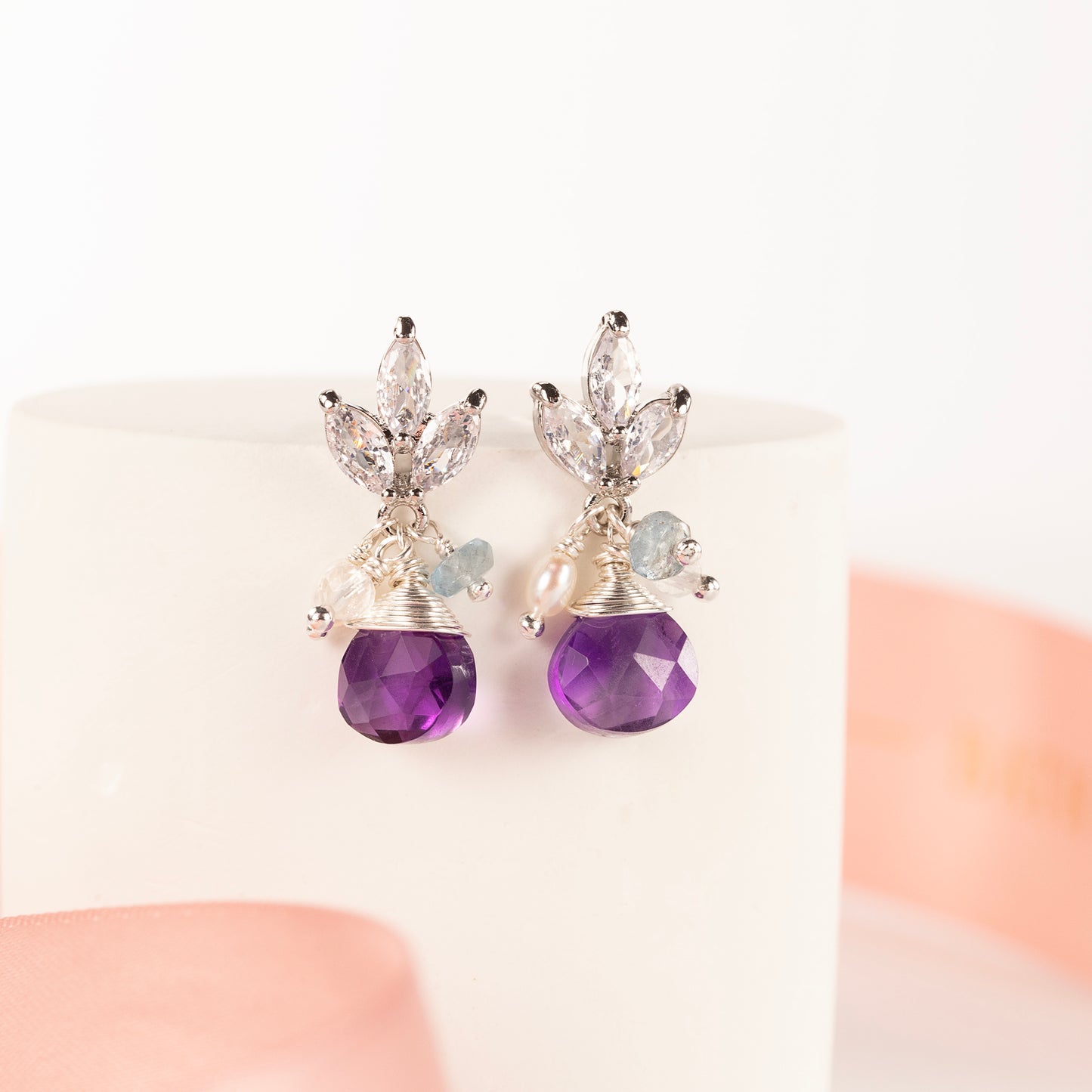 Amethyst & Crystal Drop Earrings - Bridgerton Inspired - Sophie - Silver & Gold
