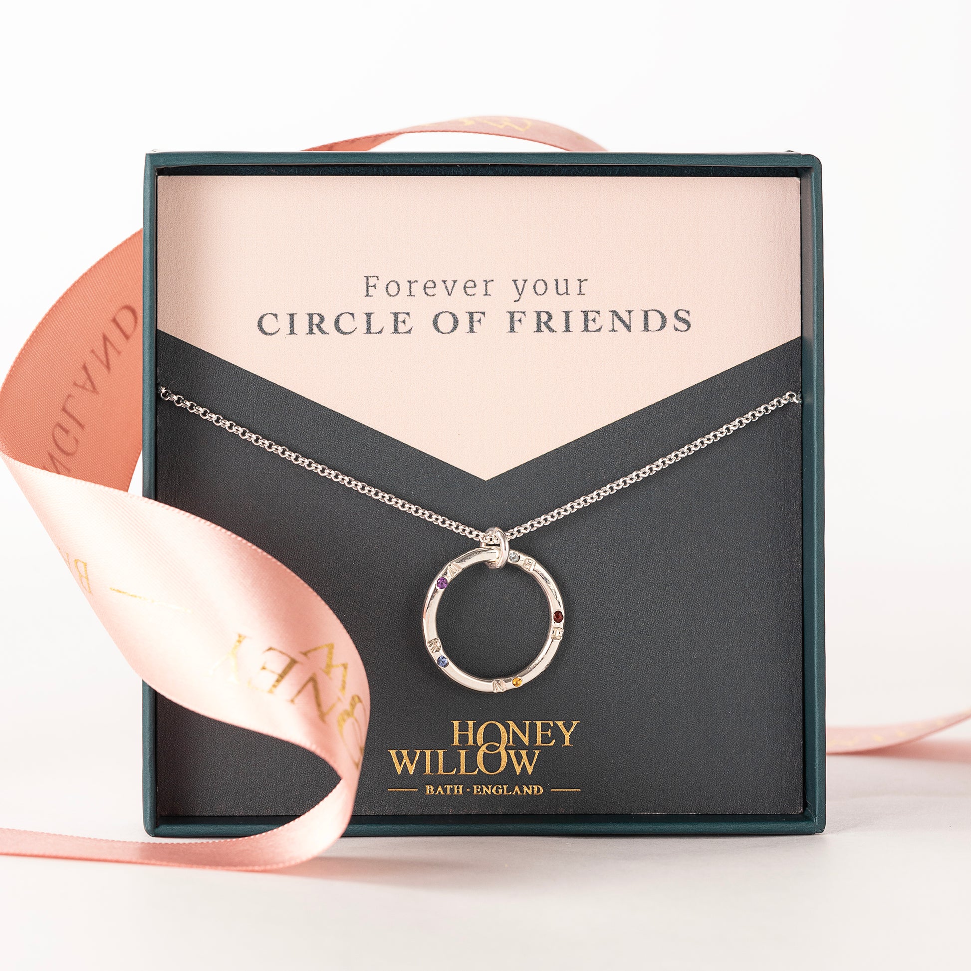 Personalised Circle of Friends Necklace - Birthstones & Initials - Silver