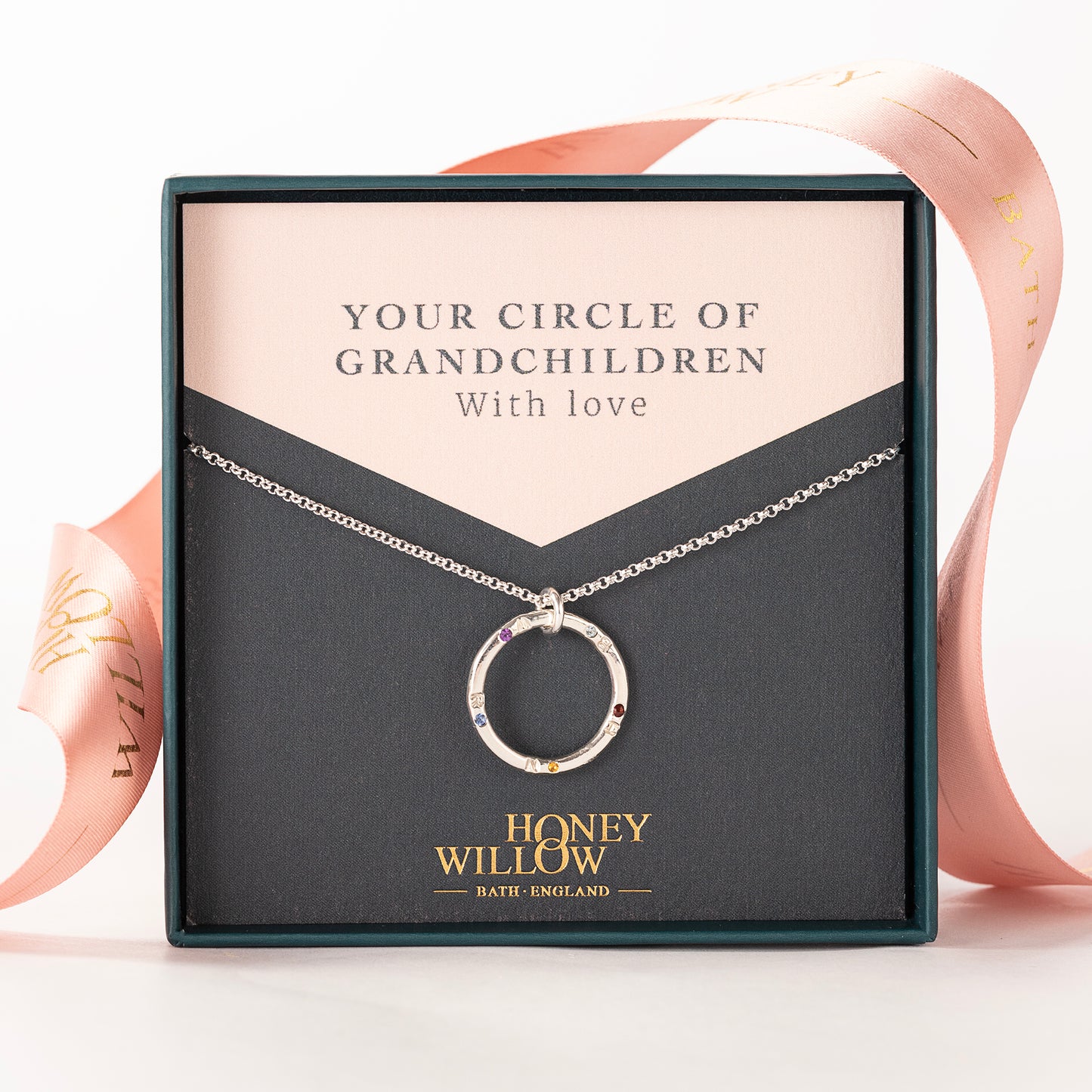 Circle of Grandchildren Necklace - Birthstones & Initials - Silver