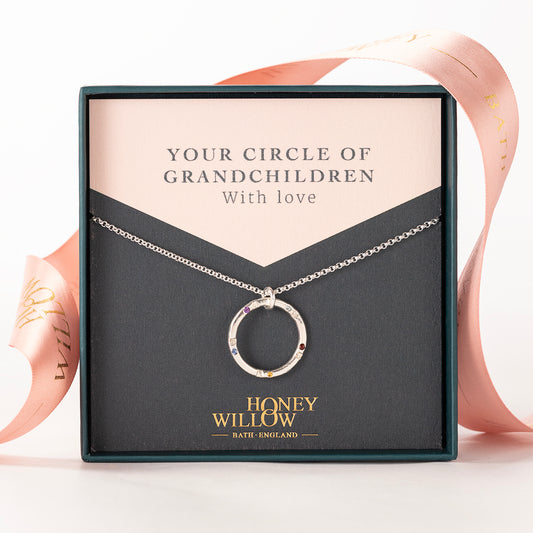 Circle of Grandchildren Necklace - Birthstones & Initials - Silver