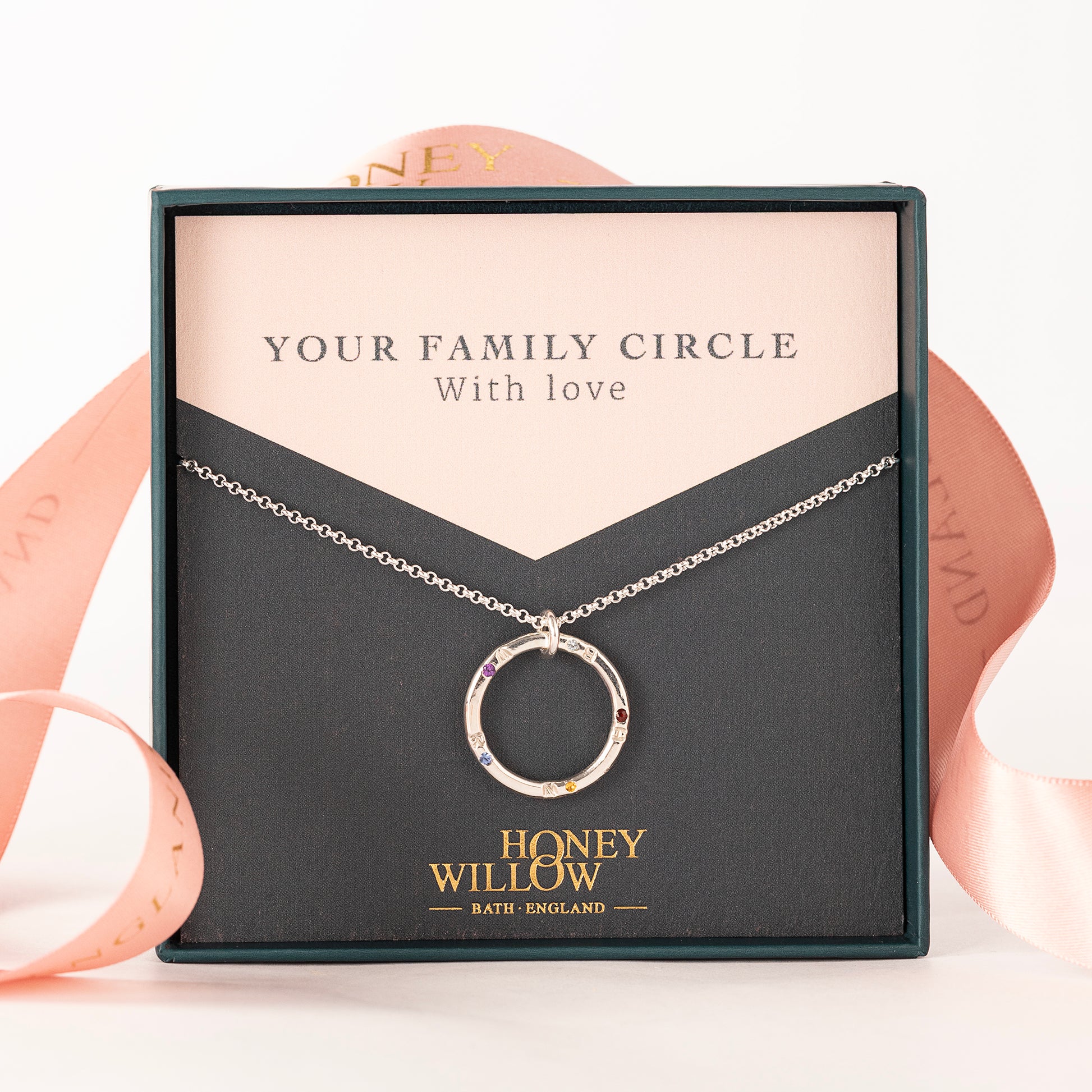 Family Circle Necklace - Birthstones & Initials - Silver