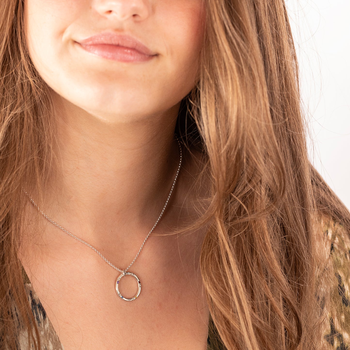 Family Circle Necklace - Birthstones & Initials - Silver