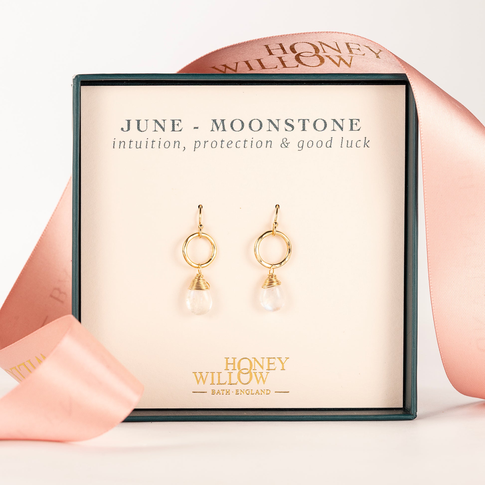 June Birthstone Circle Earrings - Moonstone - Silver & Gold