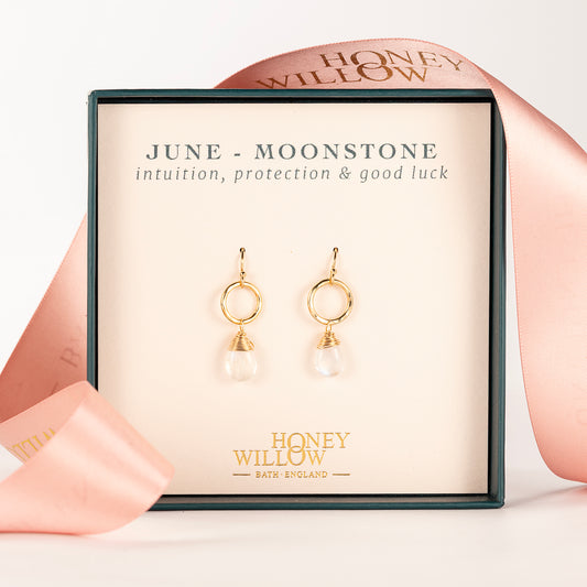June Birthstone Circle Earrings - Moonstone - Silver & Gold