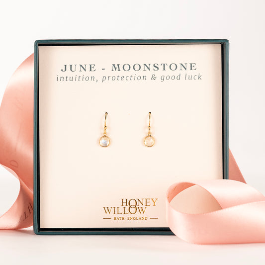 June Birthstone Drop Earrings - Moonstone - Silver & Gold